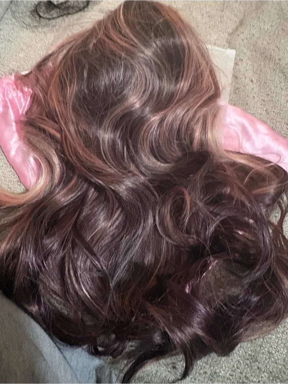 Women's Brown Wig with Rose-Gold Highlights - Natural Wave Finish